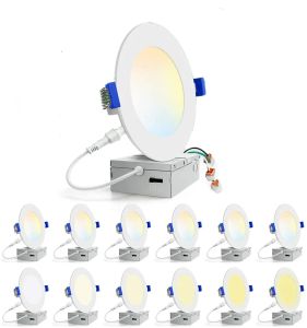 Luzes de teto de 6 polegadas 4 em 1 ultrafinas 5CCT reguláveis 2700K/3000K/3500K/4000K/5000K selecionáveis 14W = 110W Downlight com caixa de junção LL