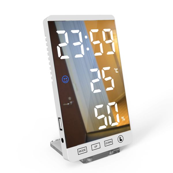 6 pulgadas espejo LED despertador control táctil pared digital tiempo temperatura humedad pantalla USB escritorio reloj para dormitorio hogar 220311