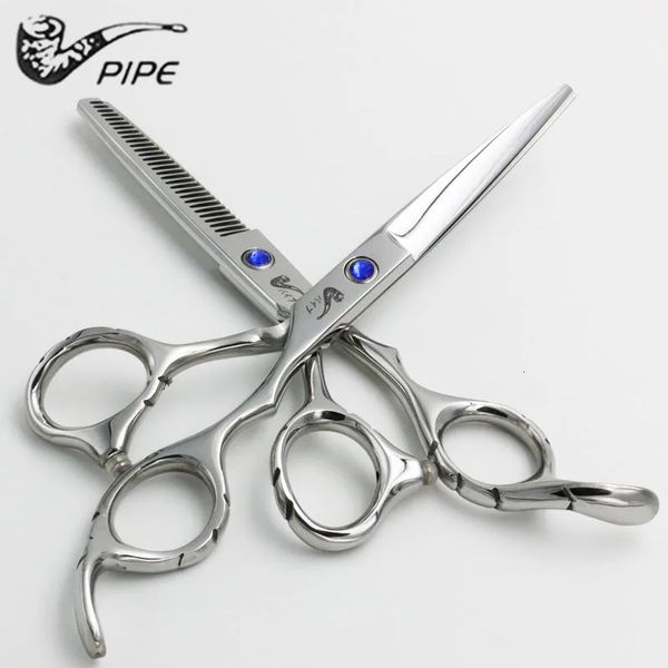 6 pouces tuyau professionnel coiffure bleu gemme ciseaux coupe amincissement ciseaux barbier cheveux cisailles lame outils de coiffure 240112