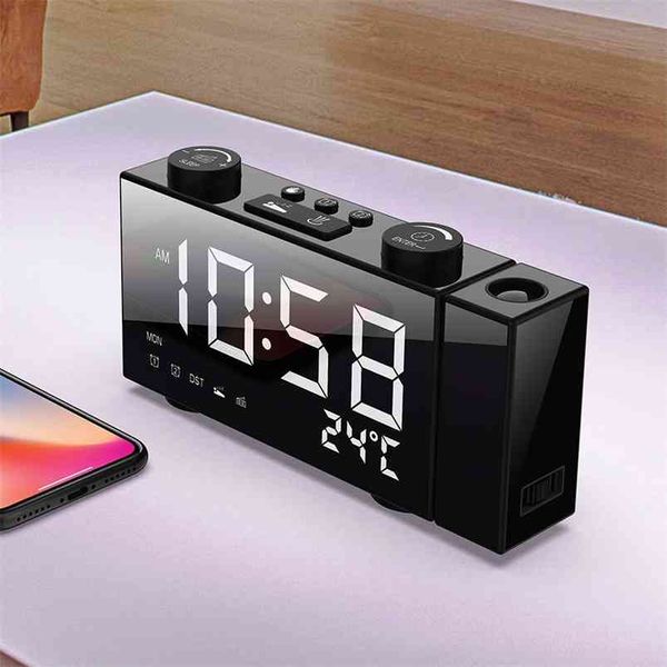 6 pouces portable numérique FM Projection Radio ALARME ALARME 4 Réglage de la luminosité Powers USB Fournitures LED Thermomètre 210804