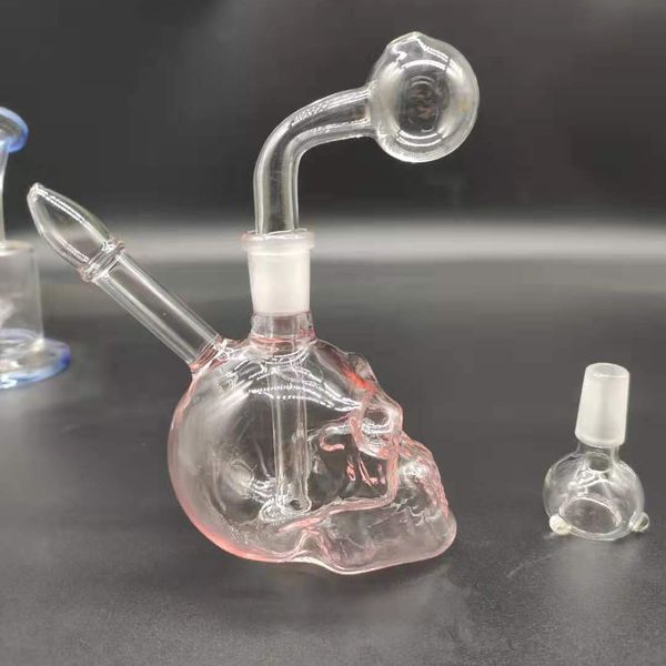 6 pulgadas Heady Bong Skull Bong Bongs de vidrio rosa con vástago descendente 14 mm Tazón Tuberías de agua Bongs Plataforma petrolera Dab Hookah