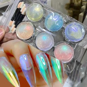 6 Jar Set Aurora Mirror Nail Glitter Poeder Rubbing Dust Pigment Chrome iriserende holografische kunstdecoraties voor manicure 240313