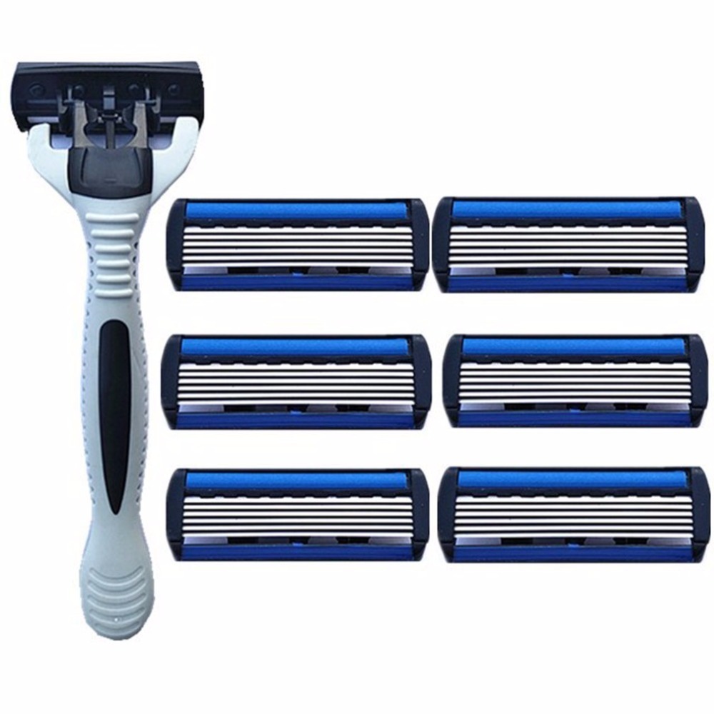 Maquinilla de afeitar de seguridad para hombre de 6 capas, 1 soporte para maquinilla de afeitar + 7 cuchillas de repuesto, cabezal de casete, máquina de afeitar, cuchillo facial, depiladora, recortadora