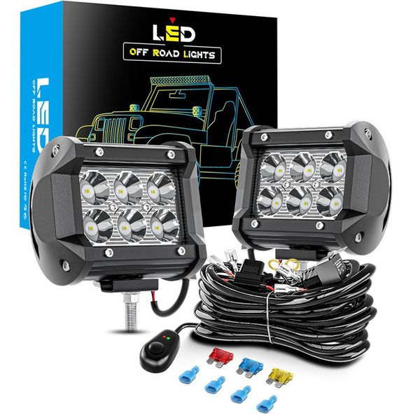 6 barras de luz LED 2 uds. Luces de trabajo de conducción todoterreno de 18W con kit de arnés de cableado de 16AWG-2 luces antiniebla LED de trabajo