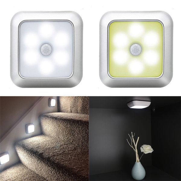 6 LED Luces nocturnas con sensor de movimiento cuadrado Inducción PIR debajo de la batería Luz del gabinete Lámpara de armario Escaleras Cocina Dormitorio Lámparas de decoración del hogar