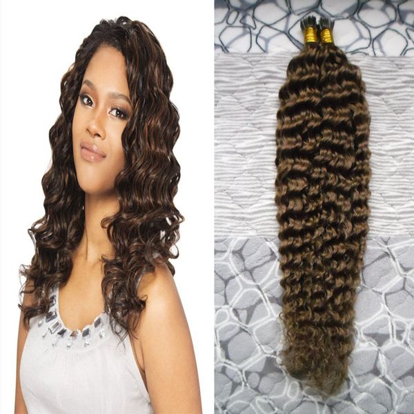 # 6 Extensiones de cabello humano brasileño de onda profunda de Brown medio queratina inclino extensiones de cabello 100 g / hebras virgen brasileña rizado inclino el cabello