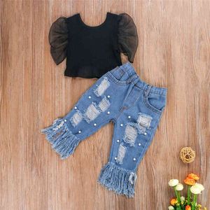 Conjunto de 2 piezas para niñas de 6 meses a 5 años, camiseta negra de manga corta abullonada + pantalones vaqueros con decoración de perlas rasgadas, ropa para niños pequeños G220217