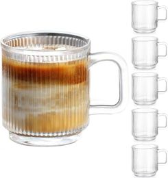 Paquet de 6 tasses à café en verre de qualité supérieure avec poignée, tasses à café en verre à rayures verticales classiques de 12 OZ, tasse à thé transparente pour boissons chaudes/froides