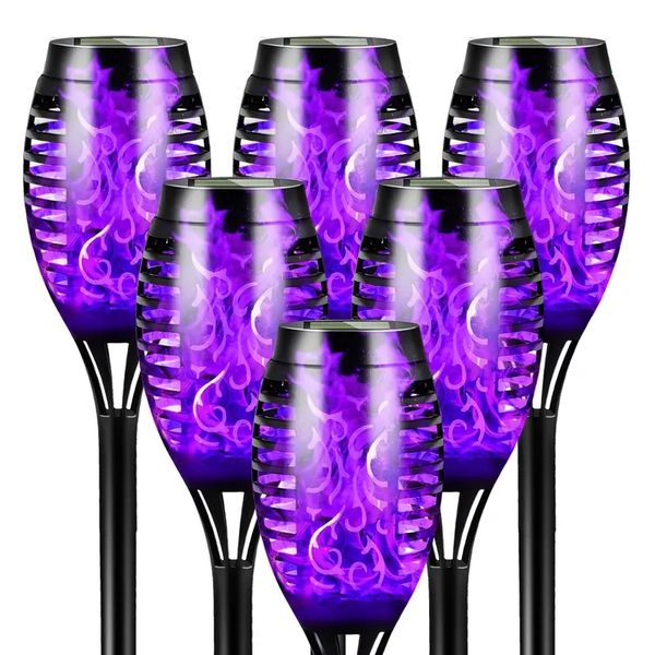 6 paquets de lampes solaires de jardin extérieur, lampe torche à flamme solaire 12LED avec flamme violette pour les décorations d'Halloween, jardin, patio, éclairage de couloir, décorations de vacances