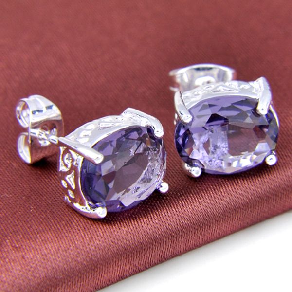 6 paires Luckyshine offre spéciale mystique violet améthyste ovale gemmes 925 argent plaqué boucles d'oreilles bijoux unisexe boucles d'oreilles