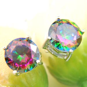 6 pares Luckyshine Magnífico redondo brillante arco iris místico topacio gemas 925 pendientes chapados en plata de ley Rusia Canadá Pendientes joyería