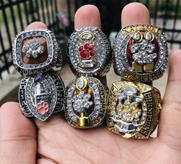 6 pièces Clemson Tigers équipe nationale Champions championnat bague ensemble avec boîte de présentation en bois solide hommes Fan Brithday cadeau en gros 2020