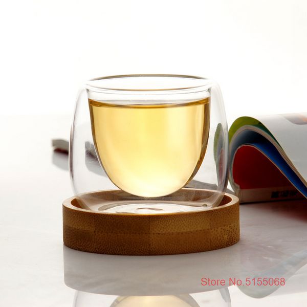 6 pcs en verre double en verre expresso shot tasses de thé en bambou couvre-cabine anti-tasse