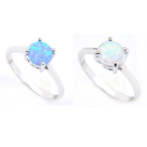 Luckyshine 12 pcs / lot cadeau de jour de la Saint-Valentin ronde bleue feu blanc opal bille de pierre précieuse 925 sterling argent plaqué mariage bague bijoux pour wome