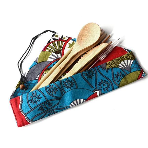 Couverts en bambou Ensemble de vaisselle Ensemble de couverts en paille de bambou avec sac et brosse