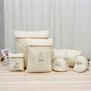 6 unids/set bolsa de lavandería de malla Beige ropa sucia ropa interior sujetador calcetines bolsa de lavado de lencería para lavadora 211112