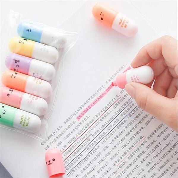 6 Pcs / set Capsules Surligneur Vitamine Pilule Surligner Marqueur Couleur Stylos Papeterie Bureau Fournitures Scolaires GB461219o