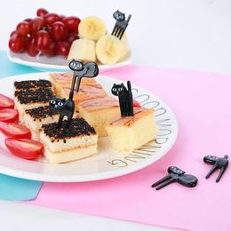 6 PC/set Plastic Fruit Fork REUSABLE REUSABLE CAT NEGRO FUNCIONA FORTA TATAWARE Snack Farty Herramientas de cocina Gadgets