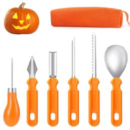 Kit de sculpture de citrouille 6 pièces/ensemble avec étui de transport outil de coupe de couteau de citrouille en acier inoxydable de fête d'halloween KDJK2307