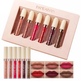 6 stks / set Rose Matte Vloeistof Lippenstift Set Naakt Lipgloss Non-Stick Cup Waterdicht Langdurig Professioneel Lip Make-up Gift