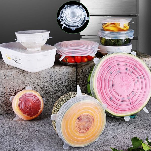 Conjunto de 6 peças de ferramentas de capa de vedação de silicone reutilizável capas elásticas para armazenamento de alimentos pote de sucção para frutas frescas embalagem tampa de vedação BH2393 TQQ