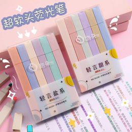 6 PCS Super Soft Tip Highlighter Pens Kawaii Candy Color Manga Markers Midliner Pastel Highlighter Set Stationery