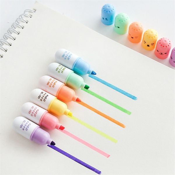 6 pcspack Forma de píldora creativa Mini ful Candy Highlighters Marcadores promocionales Regalo Papelería Color Pen 220722