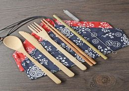 6 PCSSet Bamboo Flatware Portable eenvoudig Dragengoed Set Bamboo Strawbestek Set met tas en borstel Outdoor Camping BH23022314540