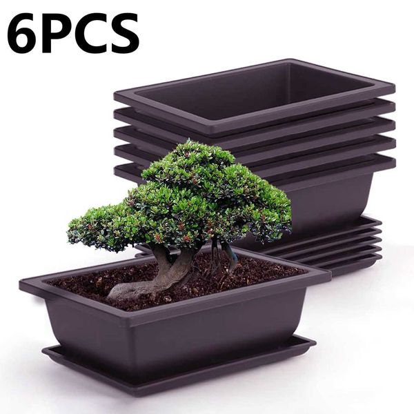 6 pièces Bonsai Pots-Classic Deep Wet Tray Plastic Garden Planters Flowers Herbs Plastic Square Pots Square Desktop Home Decor 210615