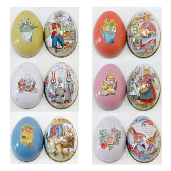 6 piezas Vestido de conejito de Pascua Impresión de aleación de metal Baratija Estaño Huevos de Pascua Caja de dulces en forma de Caja de hojalata Decoración de fiesta Z1123223K