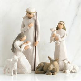 Ensemble de 6 pièces de poupées gravées et peintes à la main, Collection d'art de la nativité, Statue décorative, décoration de bureau, cadeau de noël pour la maison, 240124