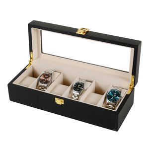 Boîte de montre en bois noir à 6 carreaux, présentoir de bijoux, boîte de rangement de montre