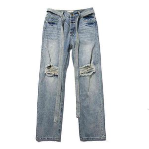 6 Season Streamer Versleten Jeans Herfst Winter Mist Hoge Versie Lichtblauw Geperforeerde Herenbroek