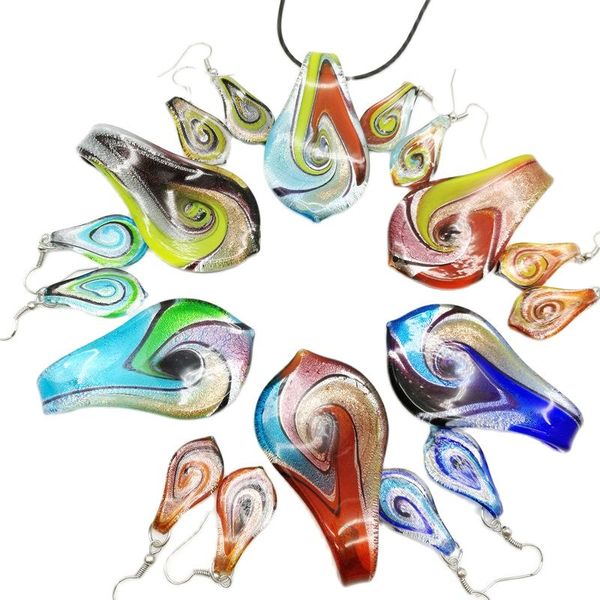 6 ensemble mode verre Murano feuille torsion pendentif collier boucles d'oreilles ensemble de bijoux couleur mélangée feuilles forme Style ethnique