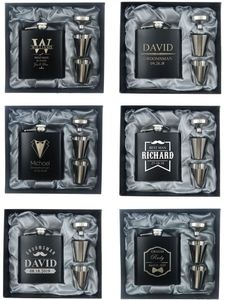 6 Set gepersonaliseerde gegraveerde 6oz zwarte roestvrij stalen heupfles met doos bruiloft gunsten Beste man geschenk bruidegom geschenk groomsman geschenk T200111