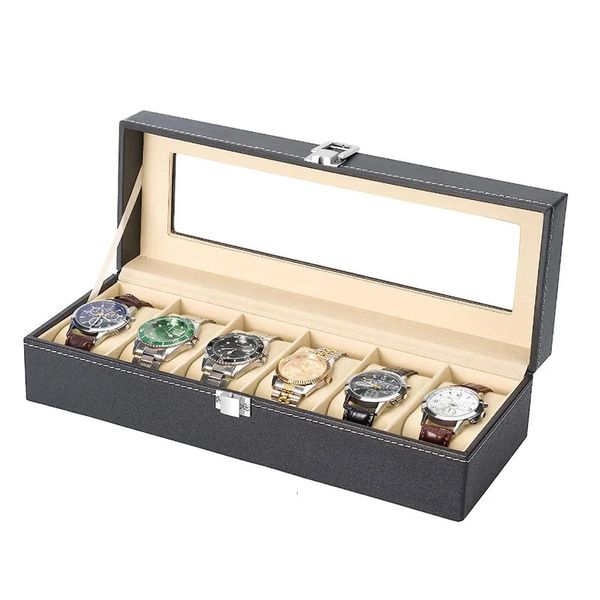 Boîte de montre en cuir PU à 6 fentes, présentoir, organisateur de bijoux avec dessus en verre 240110