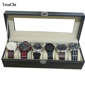 6 ranuras Black PU Welst Watch Weley Exhibting Organizador de almacenamiento Cubierta de vidrio Mecánica Relojes Mangueras Caja de regalo 240408