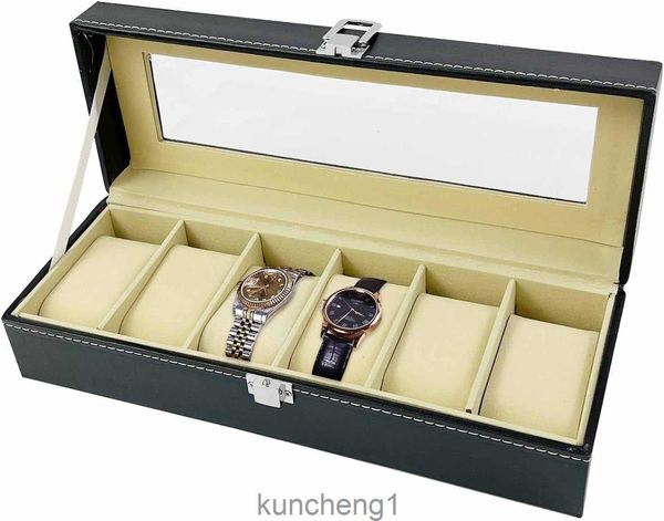 6 tragamonedas Reloj Jewelry Explay Case de cuero Organizador de almacenamiento de relojes con una caja de reloj de almohada suave con ventana visible