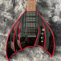 6-snarige elektrische gitaar van hoge kwaliteit, zwart en rood gestreepte vleermuisvorm, kan worden aangepast