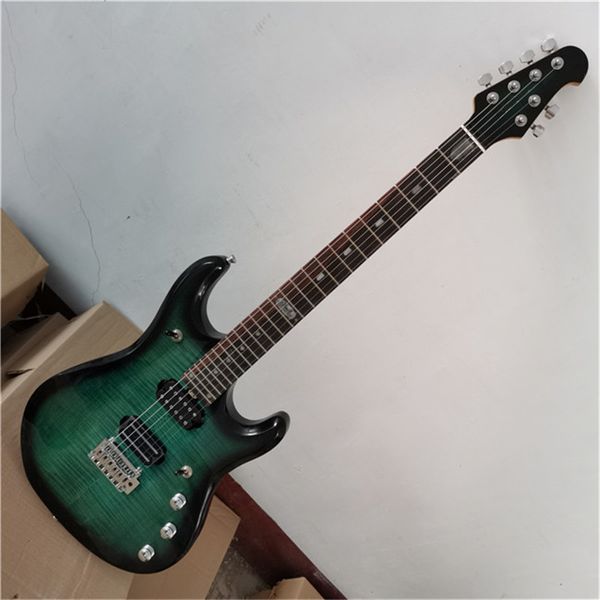 Guitare électrique 6 cordes 24 frettes Green Body Music avec placage d'érable flammé, peut être personnalisée