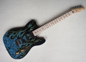 Guitare électrique noire à 6 cordes avec motif flamme bleue, touche en érable, peut être personnalisée à la demande