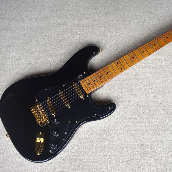 Guitare électrique noire 6 cordes avec manche en érable flammé jaune manche en érable personnalisable