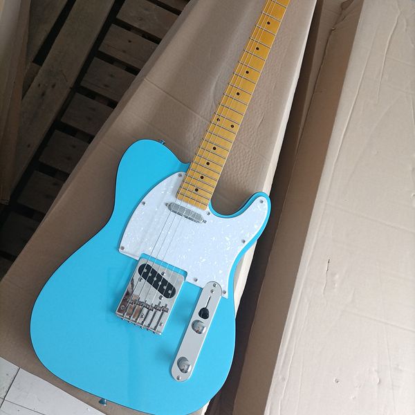 Guitare électrique bleue 6 cordes avec reliure noire Manche en érable jaune Pickguard perlé blanc personnalisable