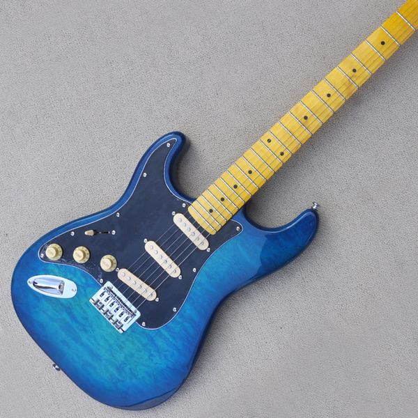 Guitare électrique bleue à 6 cordes pour gaucher, avec placage d'érable matelassé, Pickups SSS, Pickguard noir personnalisable