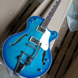 Guitare électrique Semi-creuse bleue à 6 cordes, avec grand Tremolo, manche en palissandre, placage d'érable flamme personnalisable