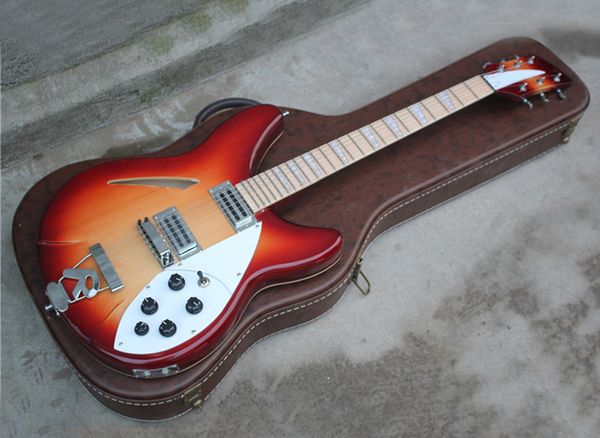 Guitare électrique semi-creuse rouge cerise à 6 cordes avec reliure blanche, manche en érable