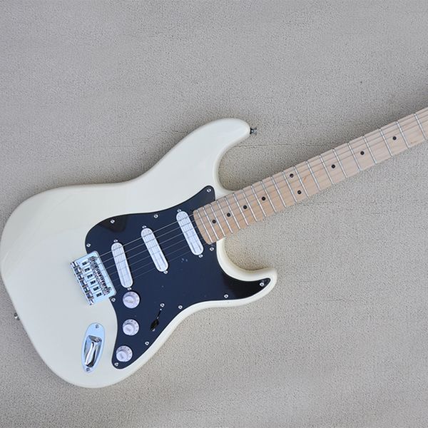 Guitare électrique crème à 6 cordes, avec manche en érable, Pickups SSS, Pickguard noir personnalisable