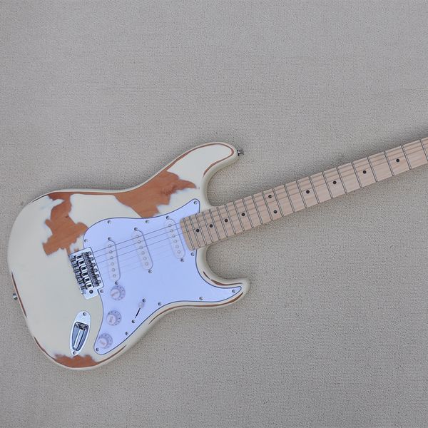 Guitare électrique relique crème 6 cordes avec micros SSS Pickguard blanc, touche en érable personnalisable