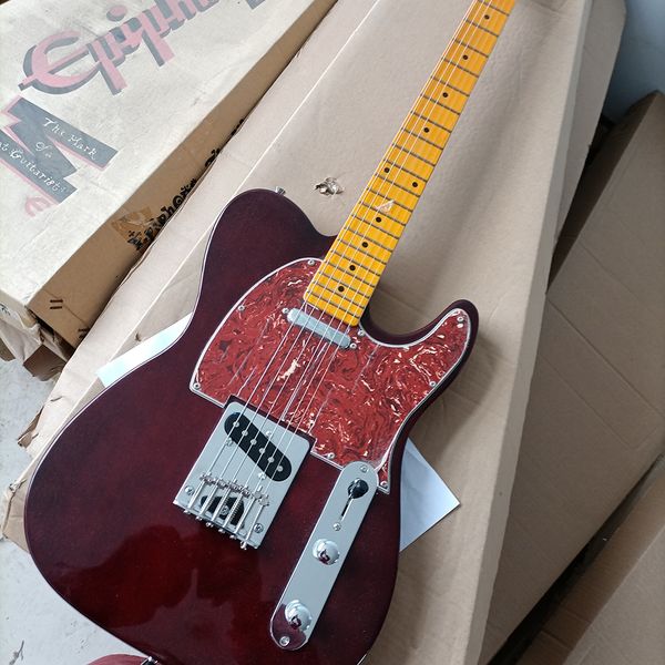 Guitarra eléctrica roja oscura de 6 cuerdas con diapasón de arce amarillo Pickguard de perla rojizo personalizable