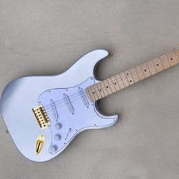 Guitare électrique à 6 cordes en métal argenté, avec manche en érable, Pickups SSS, Pickguard blanc personnalisable